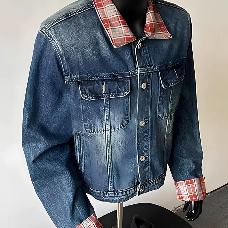 Unisex Denim Jacket Manufacturer - OEM New Casual Plaid Pocket Patchwork Custom