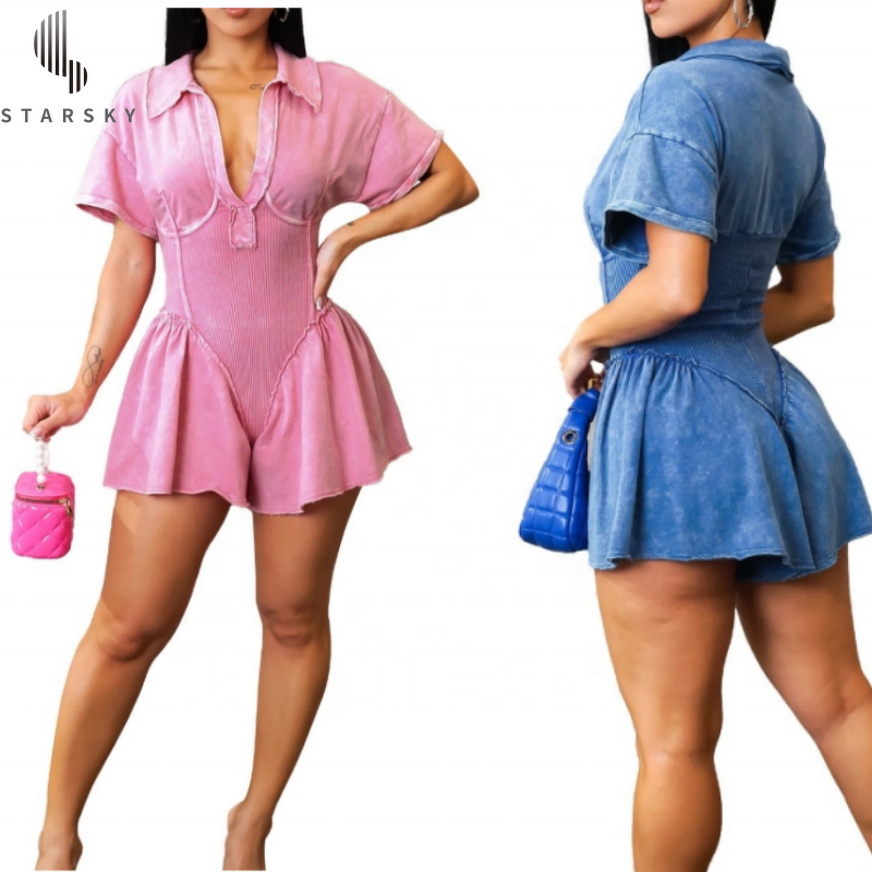 Women's Jumpsuit Factory - OEM Ladies Winter Summer Cotton Washed Distressed Deep Ribbed