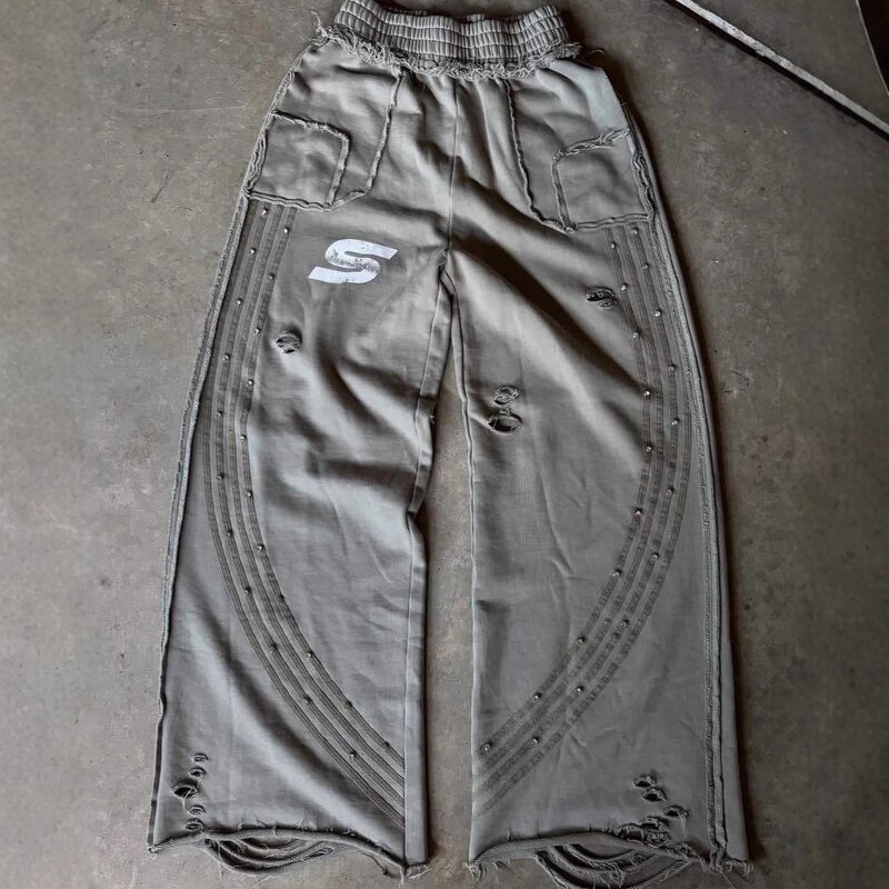 Men's Casual Pants Manufacturer - OEM Fashion Loose Sports Stripe Stitching Ripped