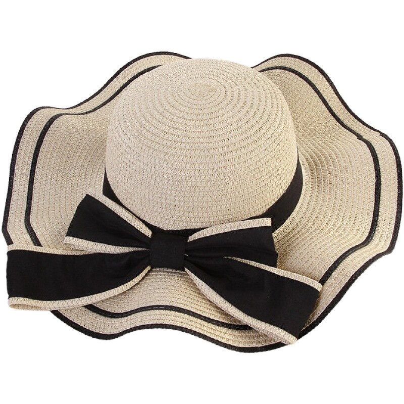 Women's Straw Hat Supplier - OEM 2025 Soft Wide Flat Edge Wave Design Bow