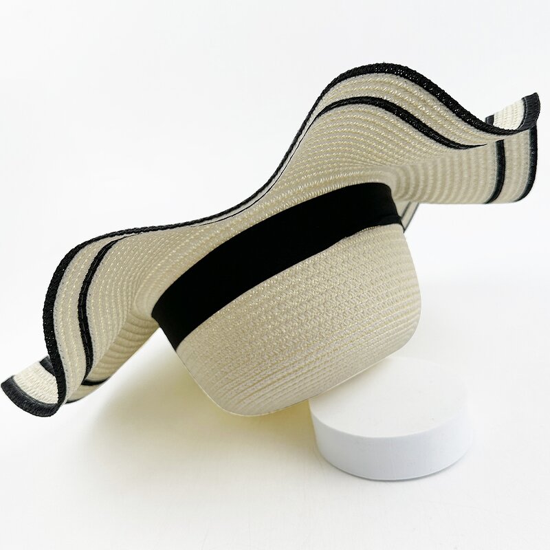 Women's Straw Hat Supplier - OEM 2025 Soft Wide Flat Edge Wave Design Bow