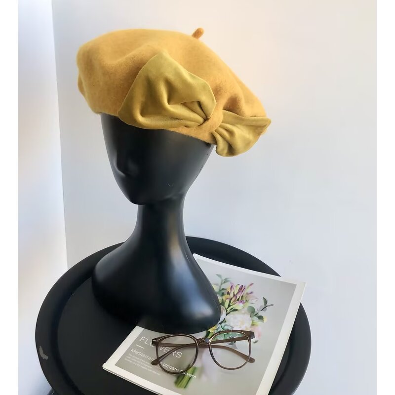 Wool Bow Beret Factory - OEM Autumn Winter Casual Felt Embossed Pattern