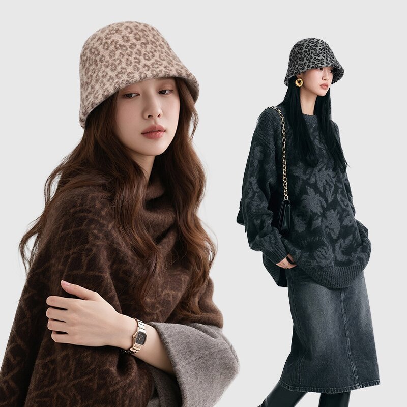 Winter Bucket Hat Manufacturer - OEM Female Leopard Print Wool Felt Bow