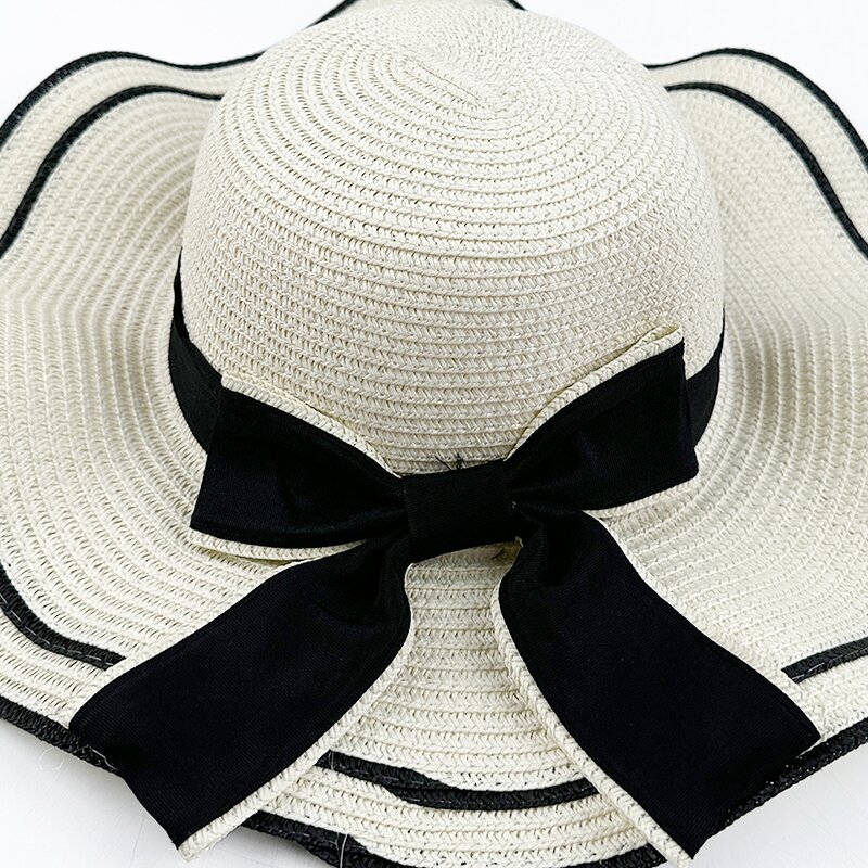 Women's Straw Hat Supplier - OEM 2025 Soft Wide Flat Edge Wave Design Bow