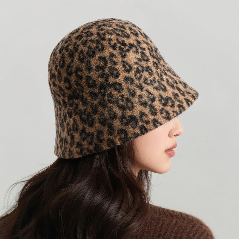 Winter Bucket Hat Manufacturer - OEM Female Leopard Print Wool Felt Bow