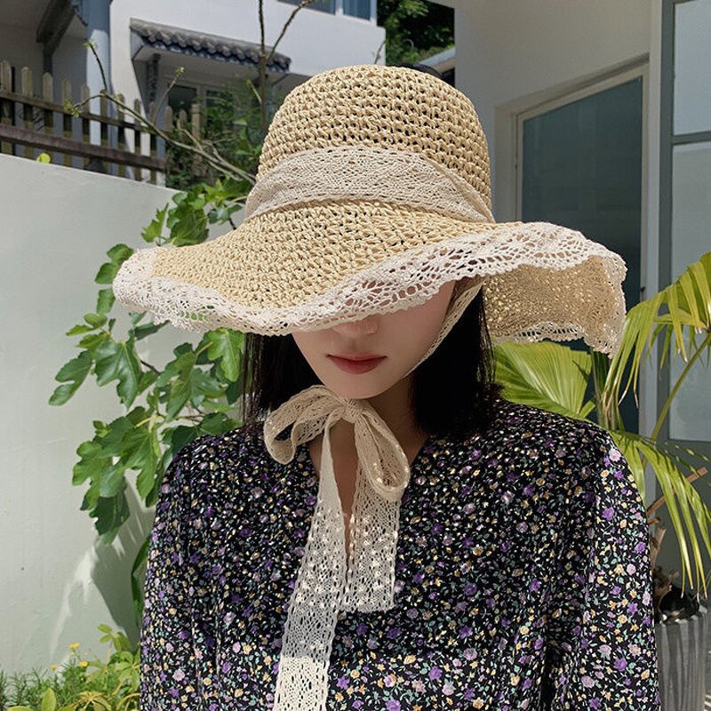 Raffia Straw Hat Factory - OEM Custom Korean Large Brim Floppy Ribbon Bow