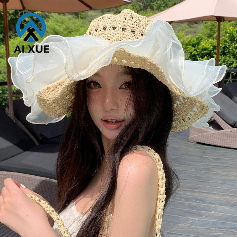 Raffia Straw Hat Factory - OEM Custom Korean Large Brim Floppy Ribbon Bow
