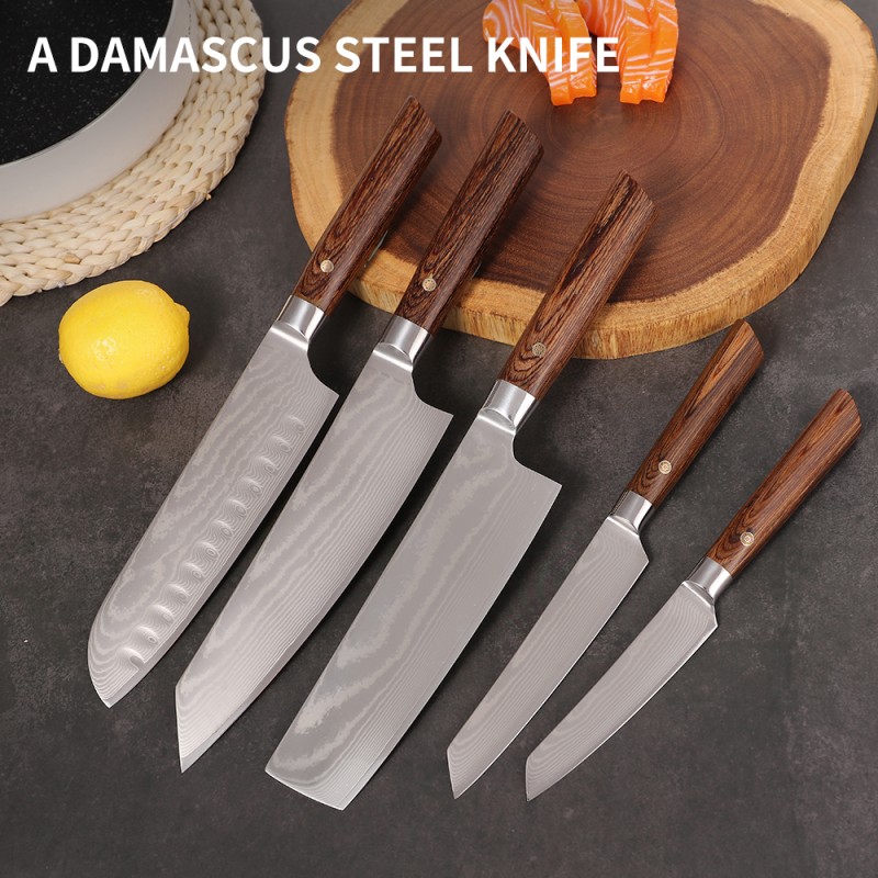 Damascus Knife Set Factory - OEM 5 Pcs Wooden Handle