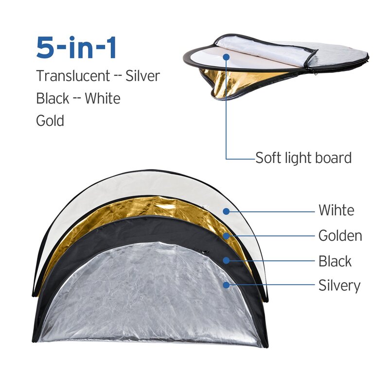 Photography Reflector Manufacturer - OEM 5 in 1 Collapsible Silver Gold White
