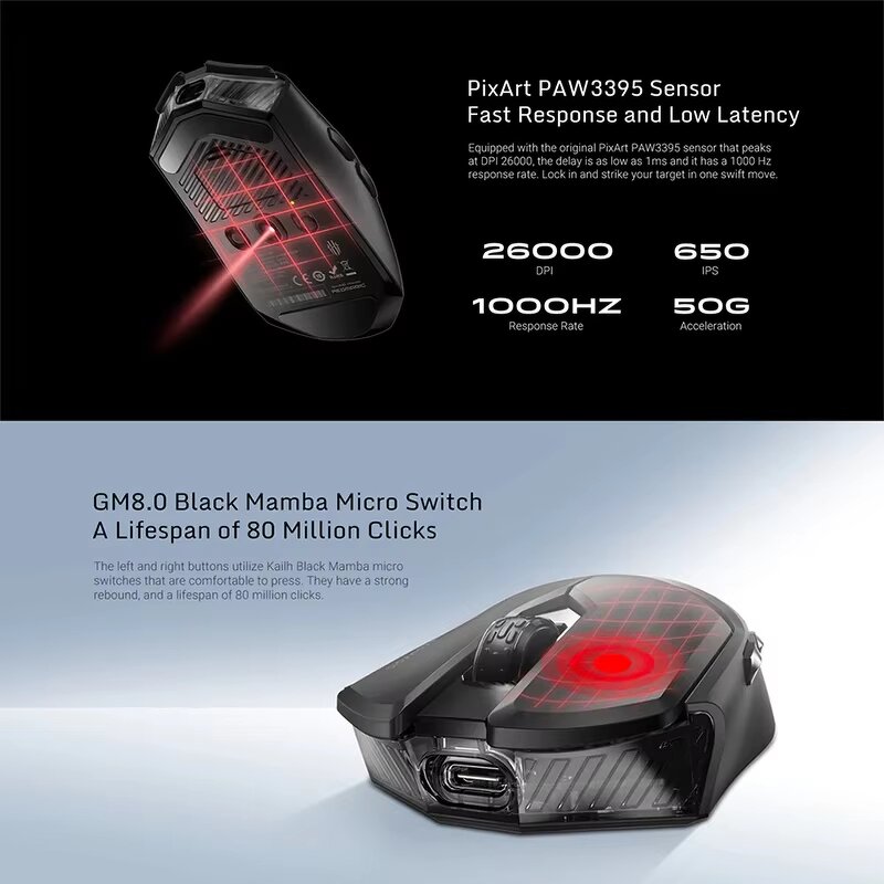 Gaming Mouse Manufacturer - OEM 26000DPI Transparent Wireless Tri Mode Lightweight GS001J