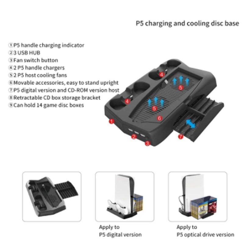 PS5 Multi Function Base Manufacturer - OEM 3 in 1 Disc Storage Charging Cooling Fan