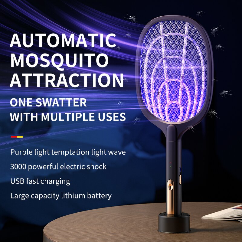 Electric Mosquito Racket Manufacturer - OEM 3000V Black with Purple Killer Lamp