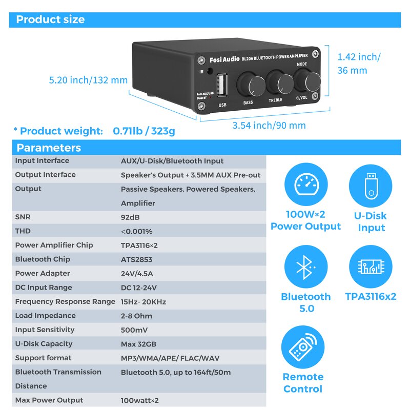 Power Amplifier Manufacturer - OEM Fosi Audio Blue 2.1CH 100W Class D with Remote