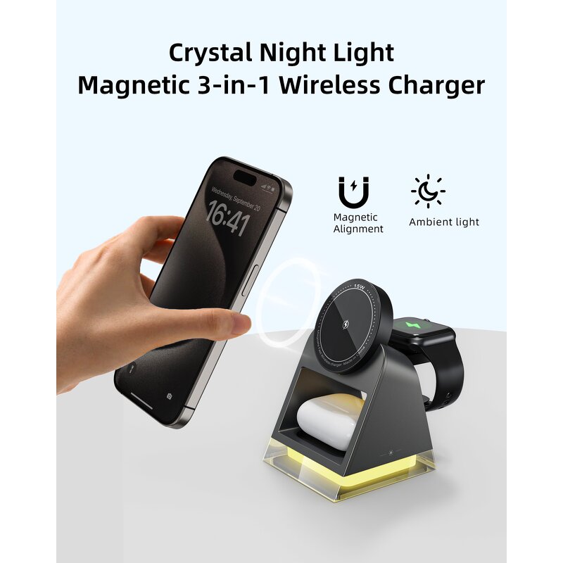 Wireless Charger Manufacturer - OEM 4-in-1 Magnetic 15W Fast with LED Light for iPhone Watch