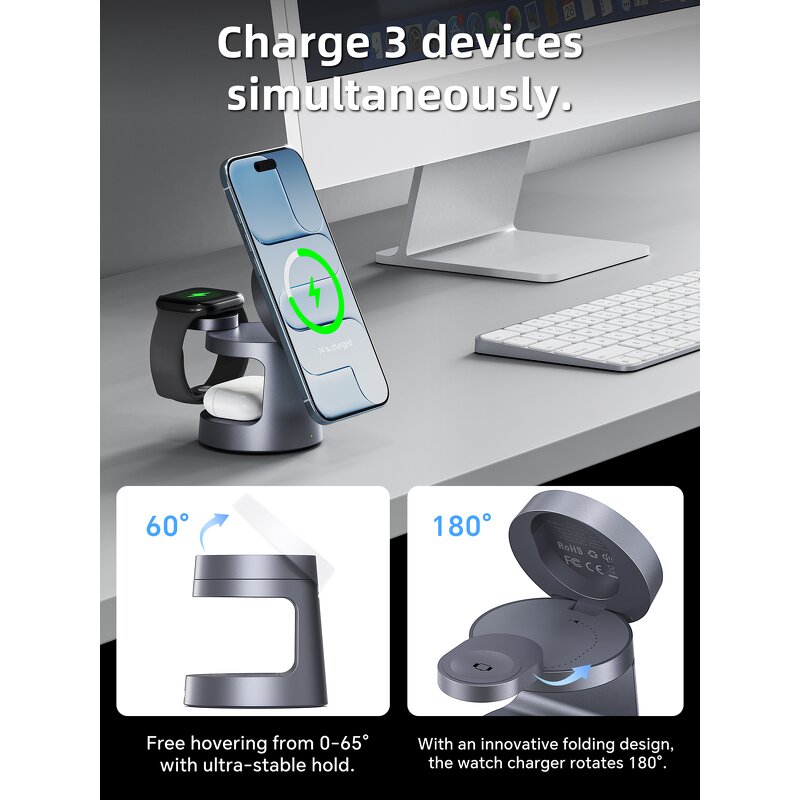 Car Wireless Charger Manufacturer - OEM 3-in-1 Magnetic Foldable 15W QC2.0 Fast Charging