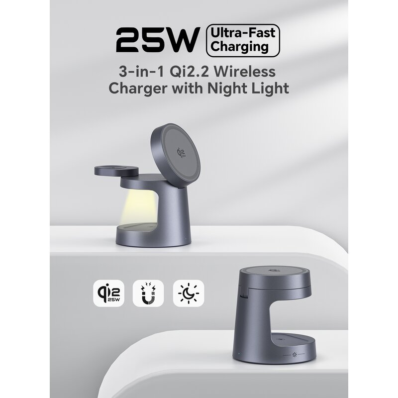 Wireless Charger Manufacturer - OEM 25W QC2.0 Fast Magnetic Foldable 3-in-1 with Night Light