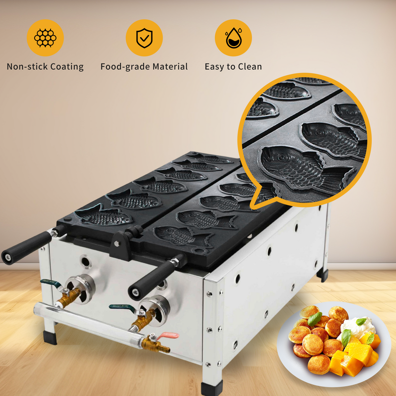 Gas Taiyaki Waffle Maker Factory - Commercial 6 Piece Fish Shaped Non-Stick