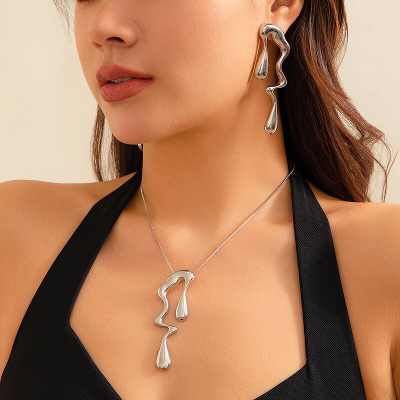 Liquid Earrings Supplier - Water Drop Pendant Cool Irregular Necklace Set