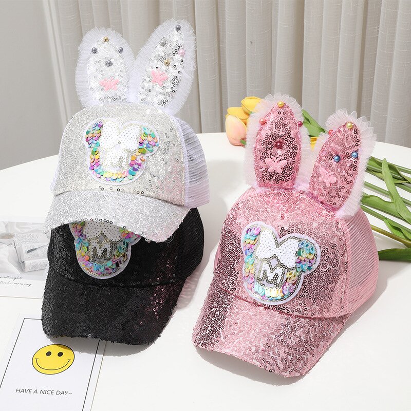 Mesh Cap Supplier - High Quality Unique Kid Bling Rabbit Ear Sequins Baseball