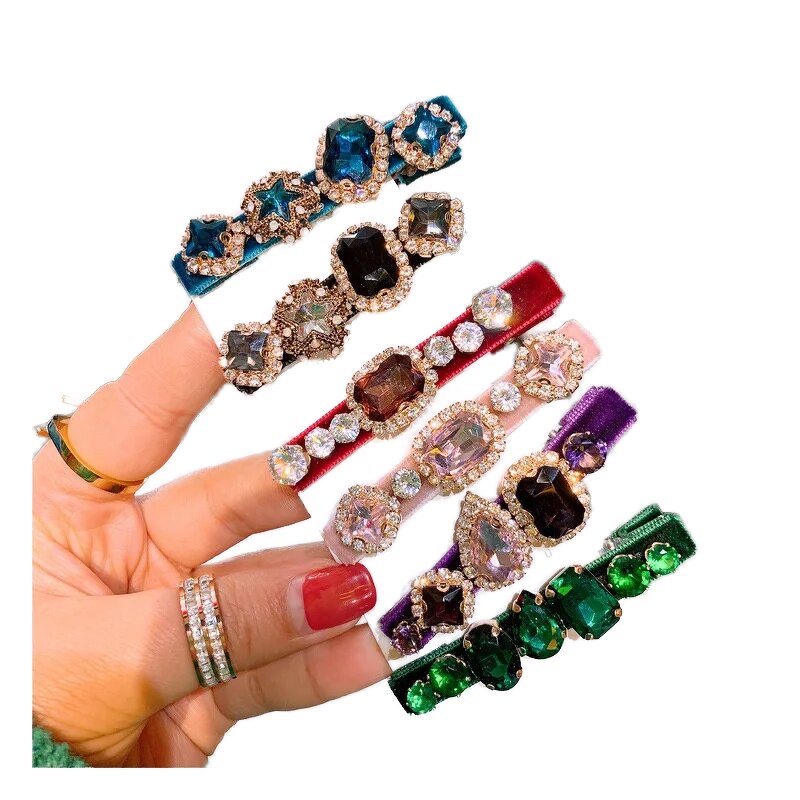 Rhinestone Hair Clips Supplier - Crystal Velvet Full Diamond Retro Bangs Clips