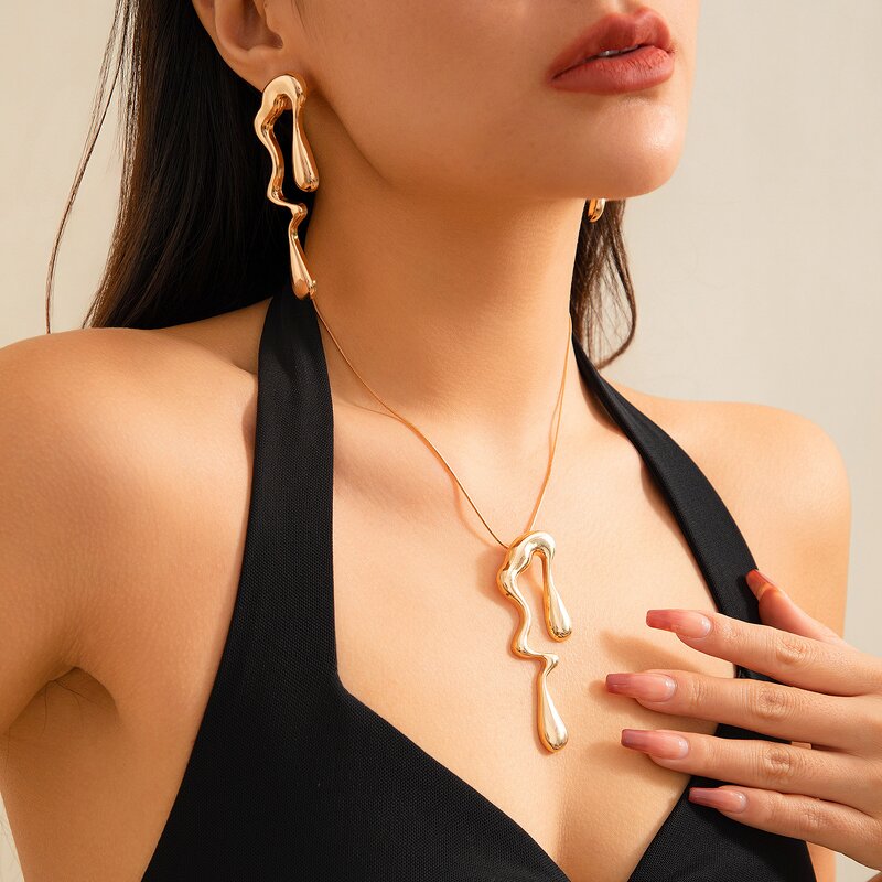 Liquid Earrings Supplier - Water Drop Pendant Cool Irregular Necklace Set
