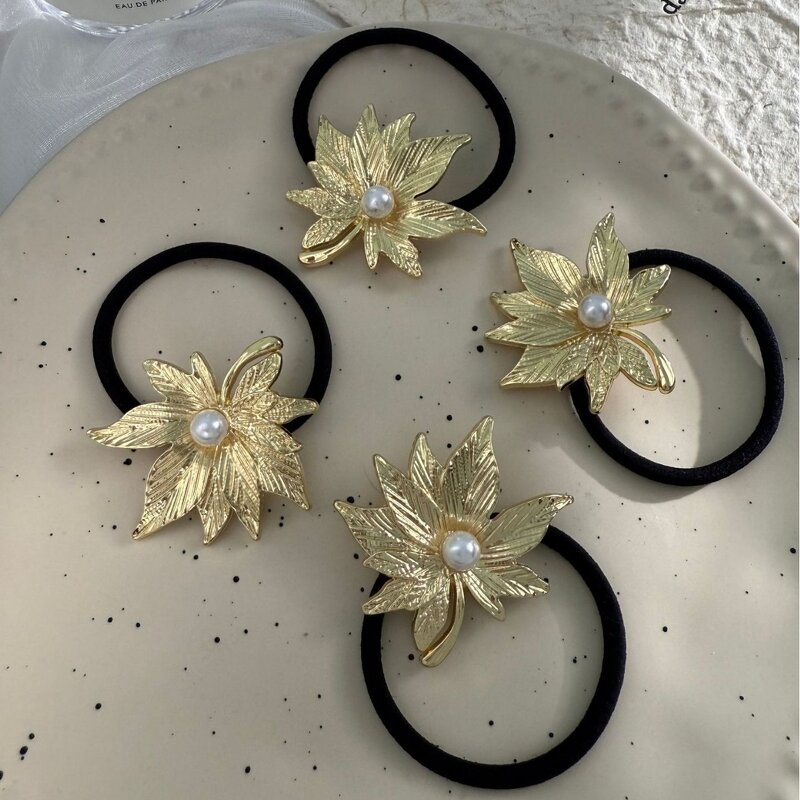 Hair Rope Supplier - New Gold Bow Leaf Alloy Elastic Simple Elegant Ties