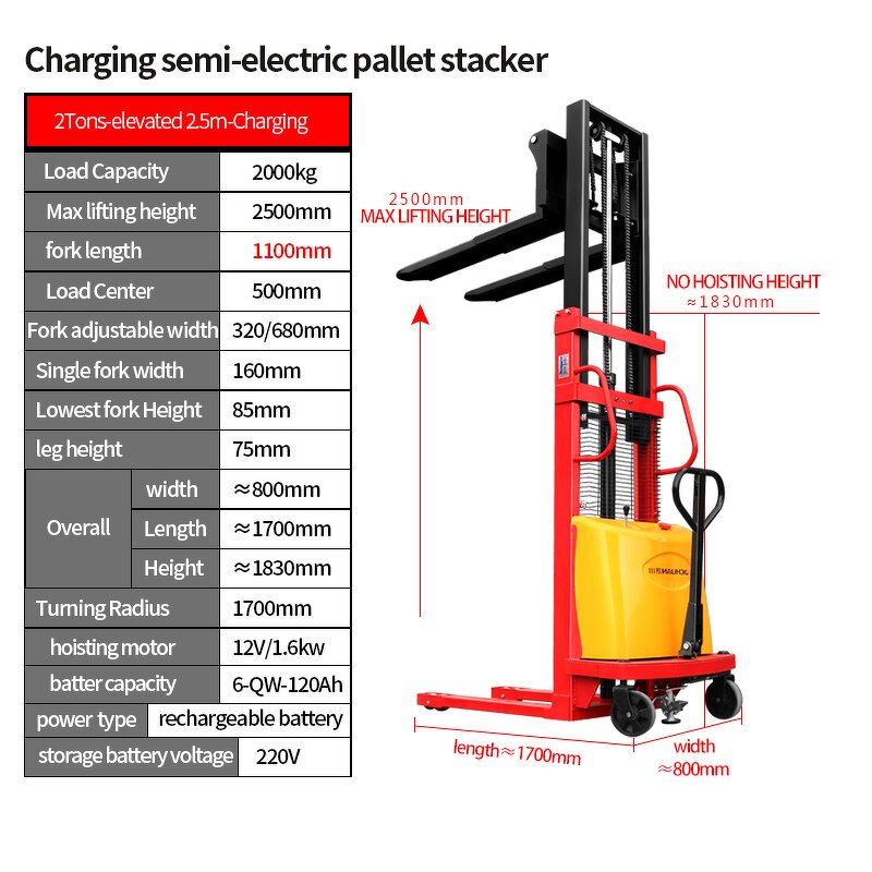 Semi Electric Pallet Stacker Factory - 2000kg Hydraulic Lifting Stacker 1.6M-3.5M Lifting Height