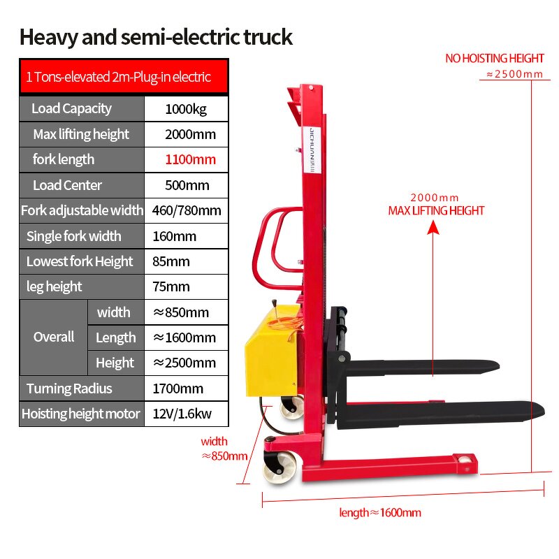 Semi Electric Pallet Stacker Factory - 2000kg Hydraulic Lifting Stacker 1.6M-3.5M Lifting Height