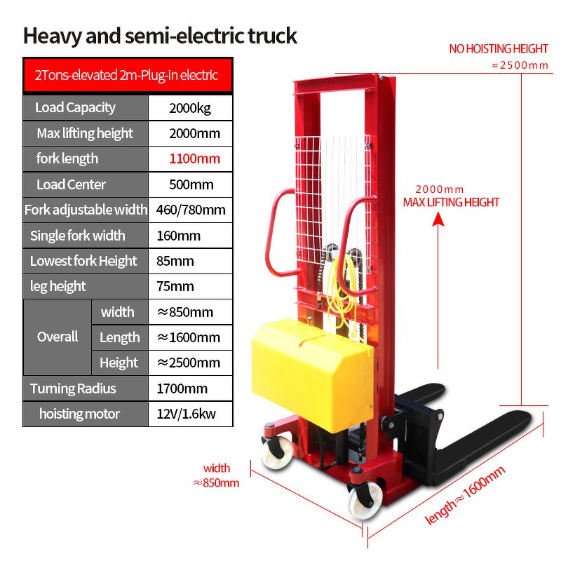 Semi Electric Pallet Stacker Factory - 2000kg Hydraulic Lifting Stacker 1.6M-3.5M Lifting Height