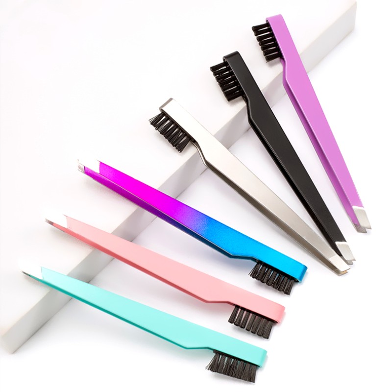 Eyebrow Tweezers Factory - Custom Black Pink Metal Angle Flat Brush