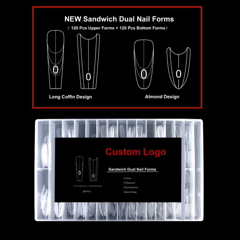Dual Nail Forms Manufacturer - Custom 240 Pcs 15 Sizes Sandwich Tips