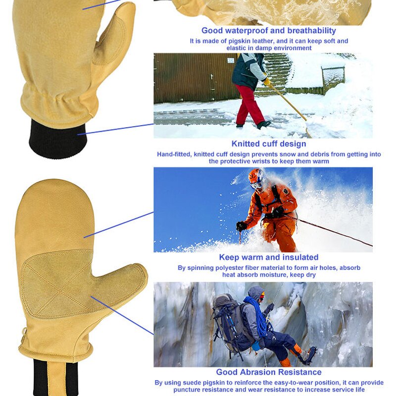 Ski Gloves Supplier - Windproof Pigskin Leather Waterproof Mittens