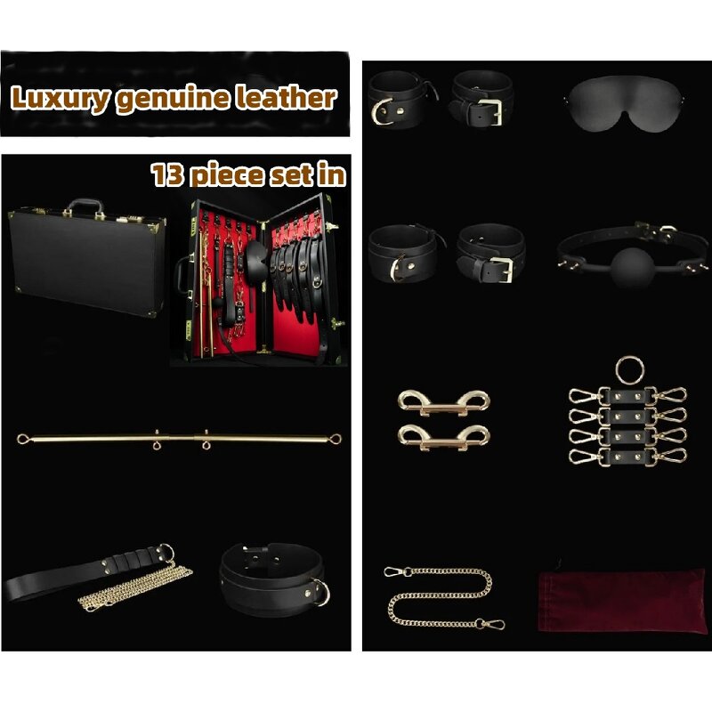 13pcs Genuine Leather Bondage Kit with Luxury Cabinet Handcuffs Collar Mouth Gag Sm Game Suit Bondage Set for Bdsm Rope Play%