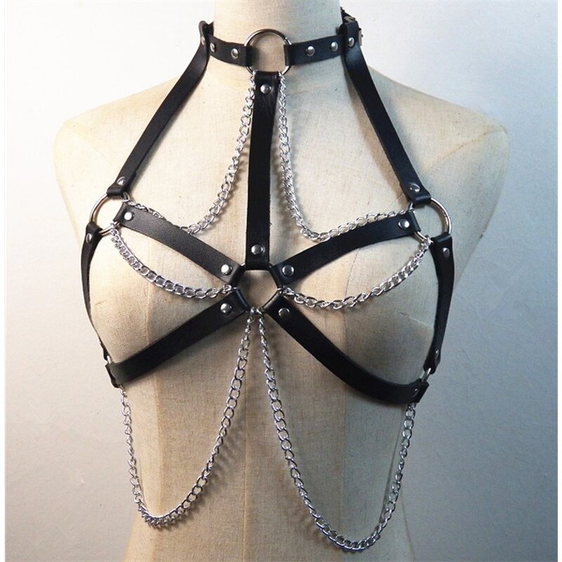 Women's Leather Chest Harness Top, Waist Chain Belt with Belly Bra, Punk Gothic Rock Body Harness Sex Accessories for Women