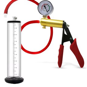 Ultima Penis Pump Kit, Brass w/Premium Red Silicone Grips and Hose + Gauge - 9" x 2.50"  6 size Flange Cylinder