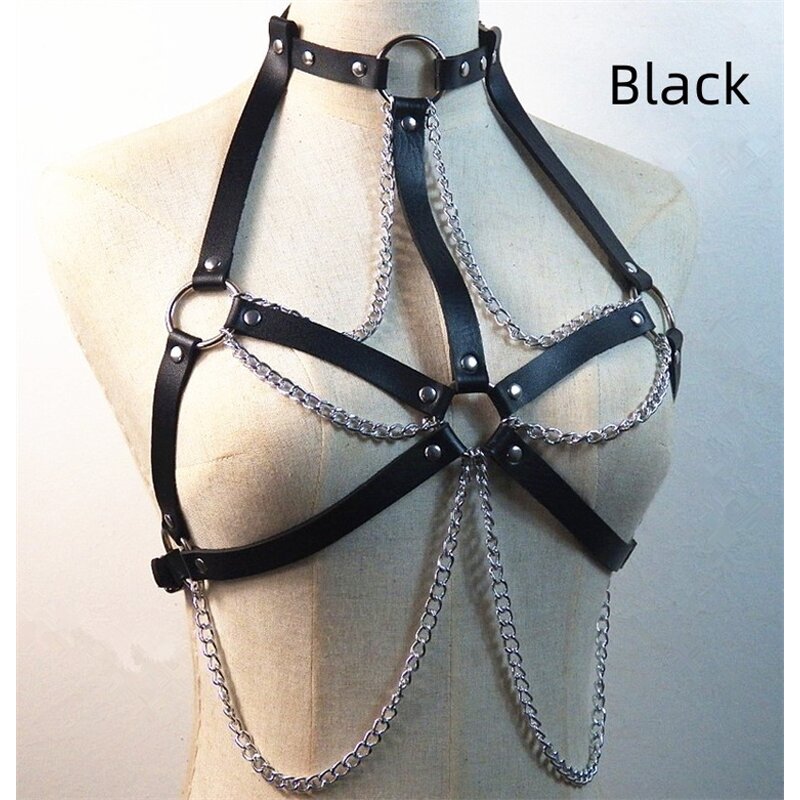 Women's Leather Chest Harness Top, Waist Chain Belt with Belly Bra, Punk Gothic Rock Body Harness Sex Accessories for Women