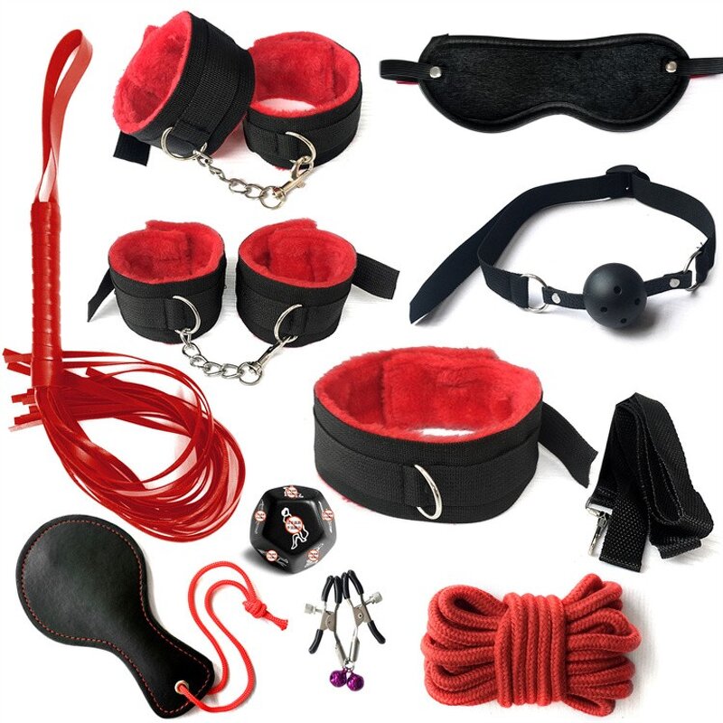 10pcs/set Rope Bondage Suit Handcuffs Set Blindfold Paddle Nipple Clamps Metal Anal Plug Adult Sex Toy BDSM Product for Couple