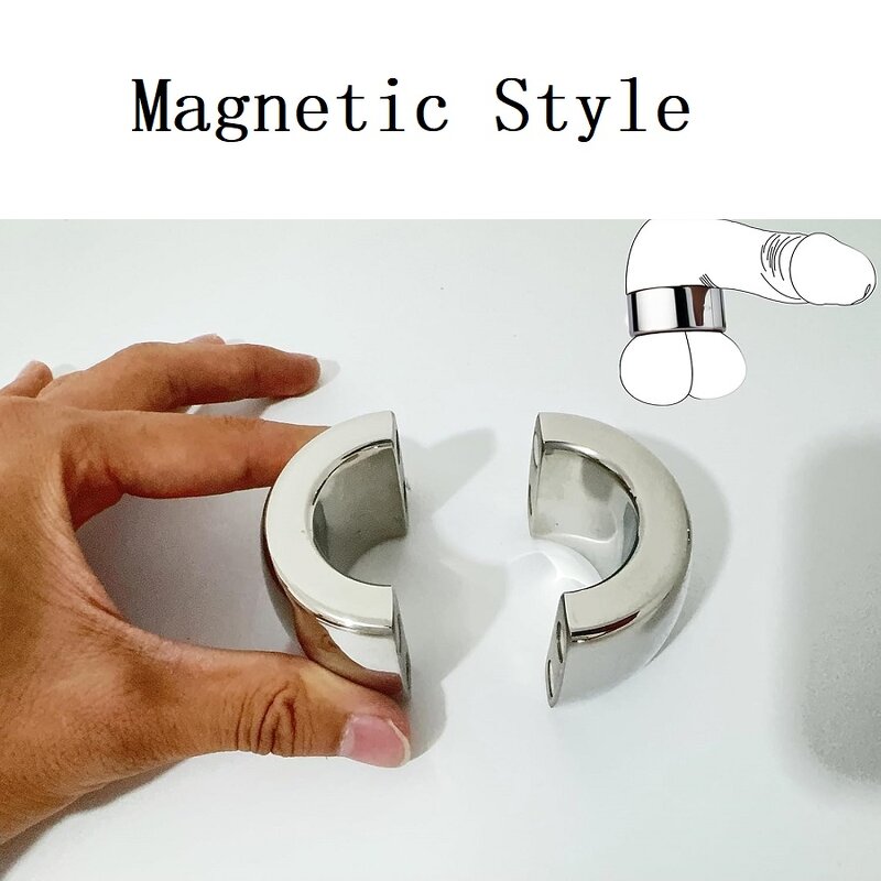 Men's Delayed Ejaculation Penis Ring Stainless Steel Ball Stretcher Weight Training Lock Cock Ring with Magnet Suction Sex Toy
