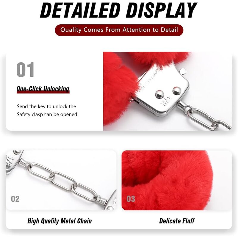 Fluffy Metal Handcuffs with 2 Keys Plush Fuzzy Hand Cuffs Soft Bondage Restraints Adult Sex Toys for Women Men