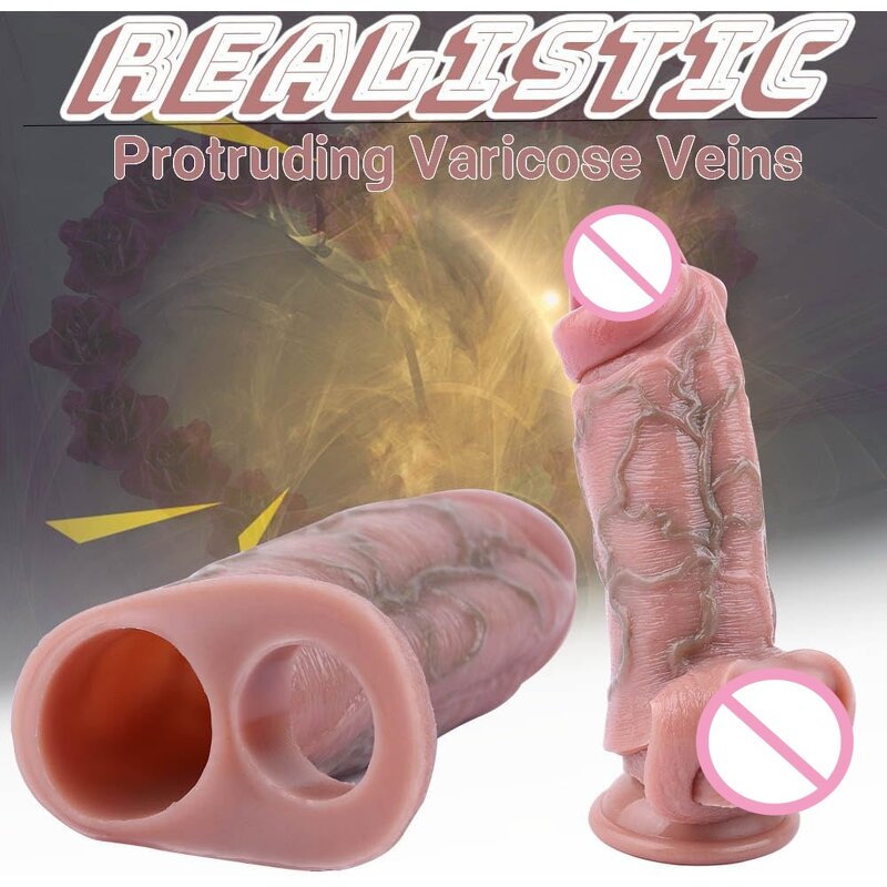 Realistic Hollow Penis Sleeve Enlargement Thick Soft Silicone Cock Ring Sleeve 6-4.5Inch Penis Enlarger Sheath Enhancer for Men