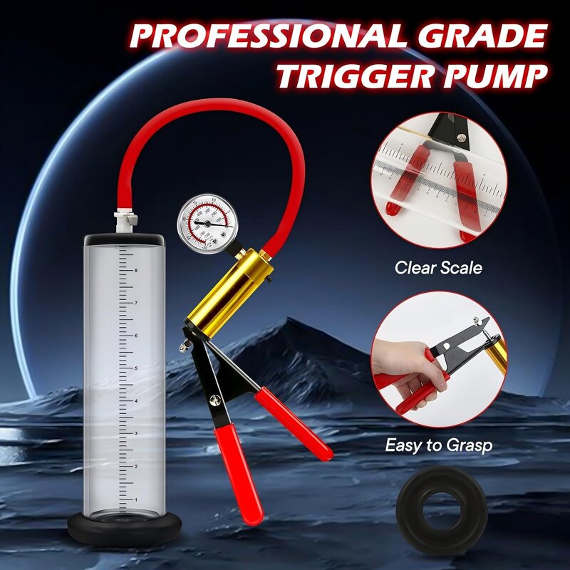 Manual Penis Pumps with Metal Handle Pressure Gauge Sex Toys Enlargers Cock Pump with Dial Vacuum Pump to Increase Penile Size