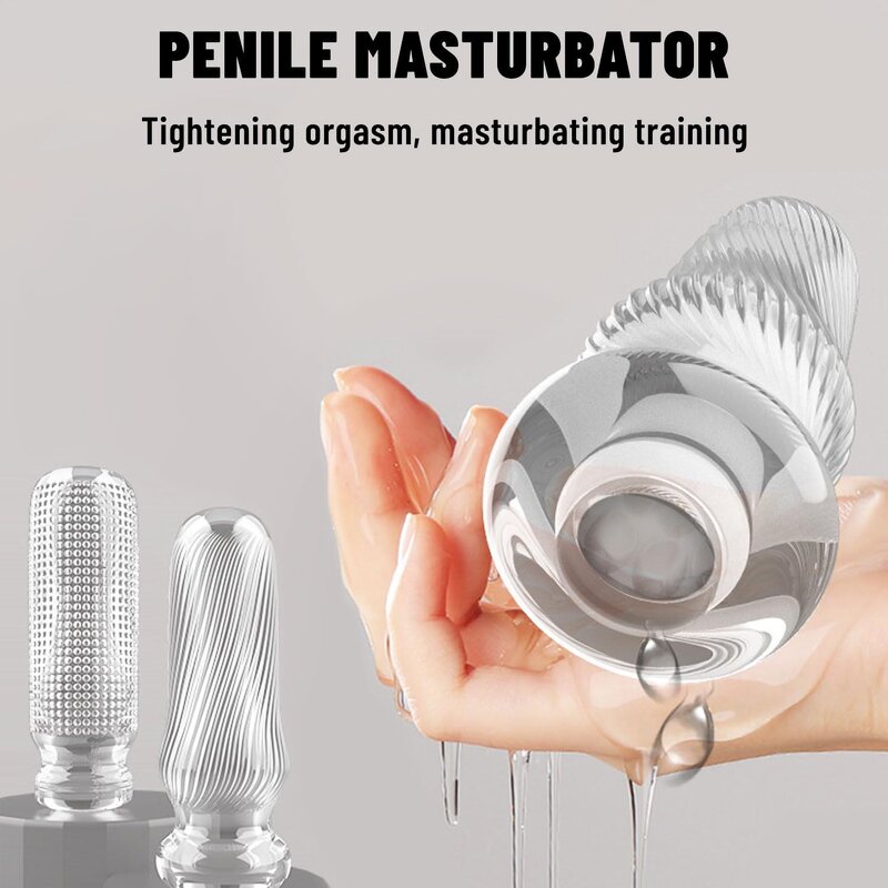 Transparent Lifelike Textured TPE Male Masturbation Stroker Manual Squeezable Pussy Portable Masturbation Cup with Suction Bag