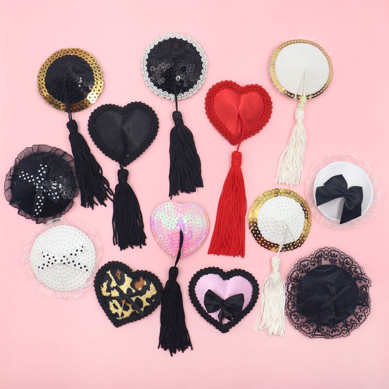 Reusable Adhesive Nipple Covers Pasties, Shiny Glitter Sequin Silicone Round-Shaped Breast Petals Bra with Tassel