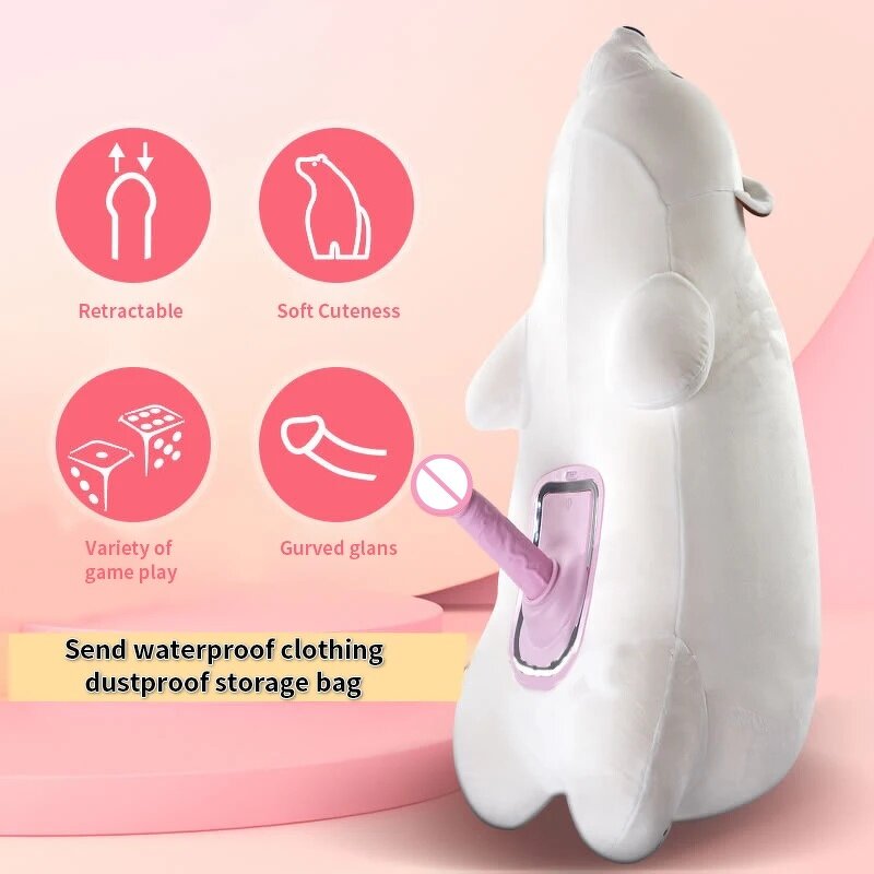 Cute Polar Bear Pillow Sex Dildo Machine Automatic Thrusting Vibrating Rocking Cannon Discreet Silicone Remote Control USB Power