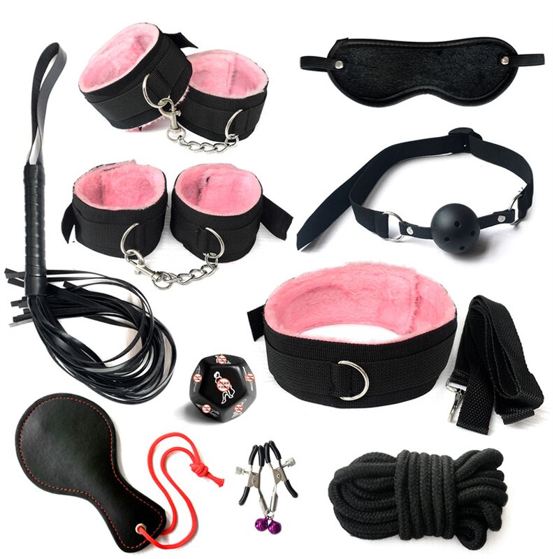 10pcs/set Rope Bondage Suit Handcuffs Set Blindfold Paddle Nipple Clamps Metal Anal Plug Adult Sex Toy BDSM Product for Couple