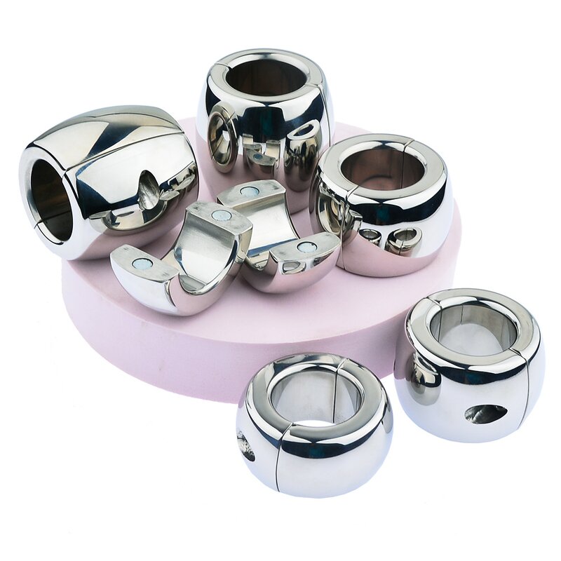 Men's Delayed Ejaculation Penis Ring Stainless Steel Ball Stretcher Weight Training Lock Cock Ring with Magnet Suction Sex Toy