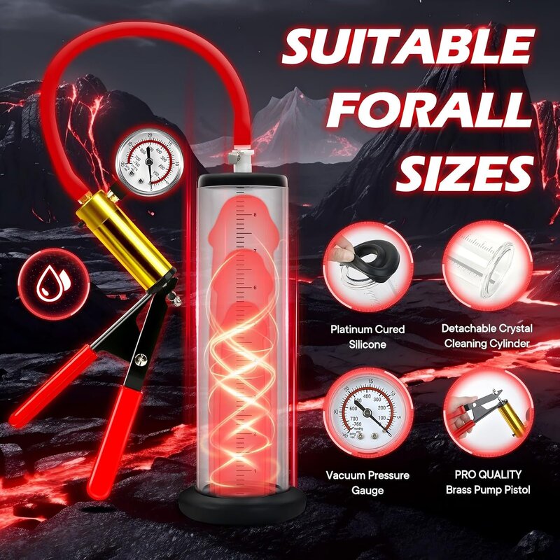 Manual Penis Pumps with Metal Handle Pressure Gauge Sex Toys Enlargers Cock Pump with Dial Vacuum Pump to Increase Penile Size