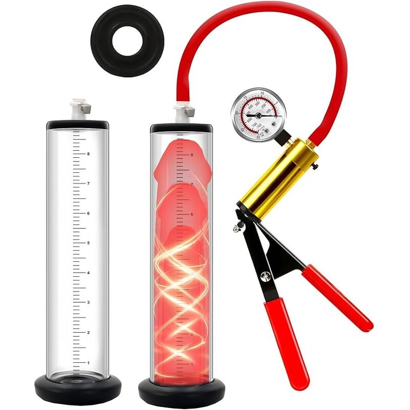 Manual Penis Pumps with Metal Handle Pressure Gauge Sex Toys Enlargers Cock Pump with Dial Vacuum Pump to Increase Penile Size