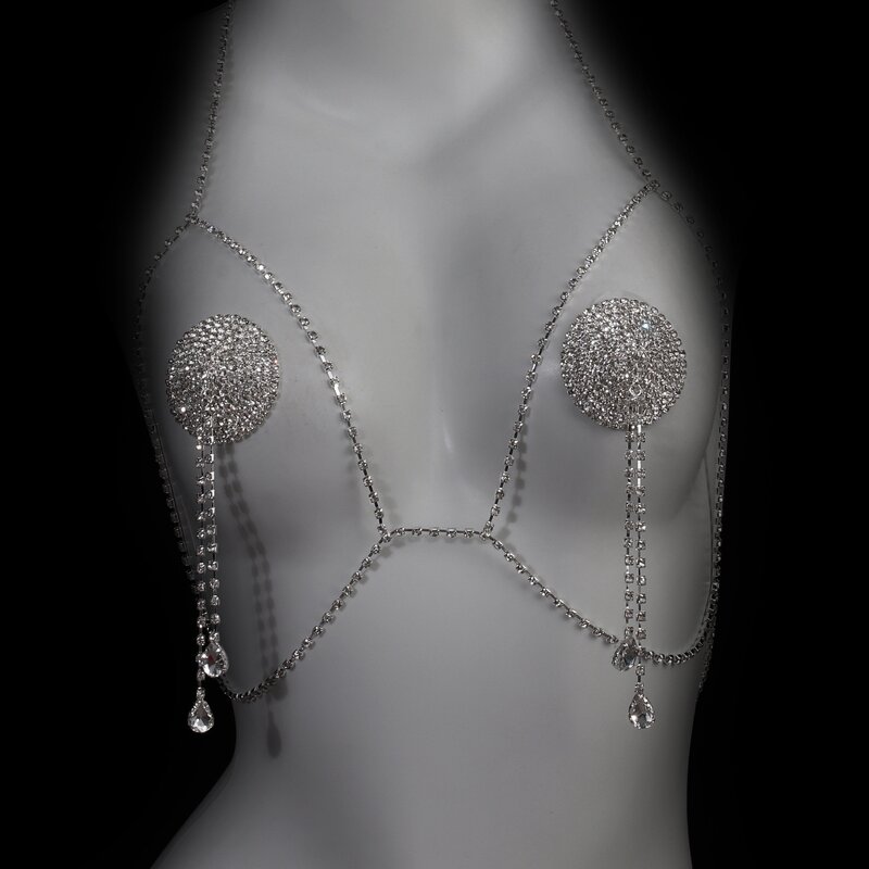 Sexy Rhinestone Nipple Pasties with Chest Chain Rhinestone Nipple Cover Stickers Crystal Tassel body Chain Jewelry for Women