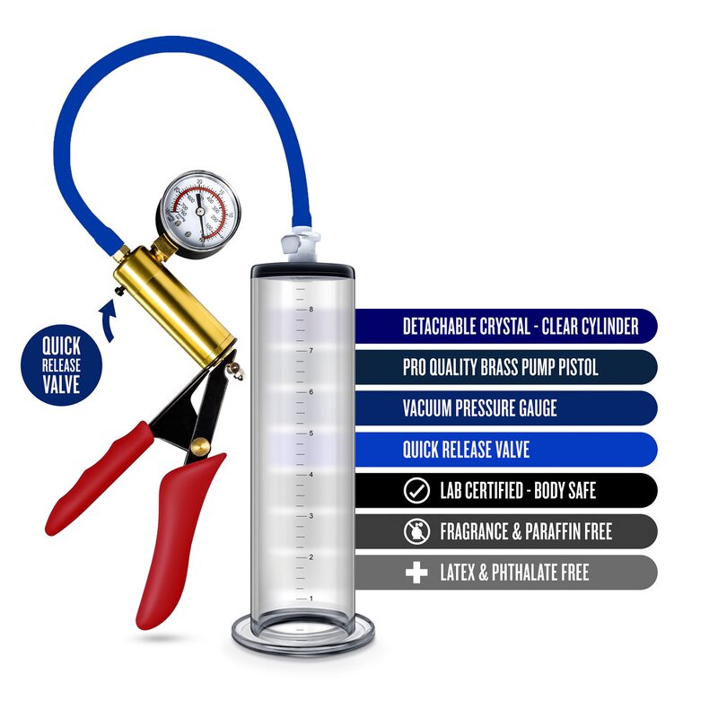 Ultima Penis Pump Kit, Brass w/Premium Red Silicone Grips and Hose + Gauge - 9" x 2.50"  6 size Flange Cylinder